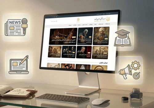 نمایش وبسایت محتوایی روی مانیتور با آیکون‌های خبر، آموزش، نگارش و بازاریابی دیجیتال